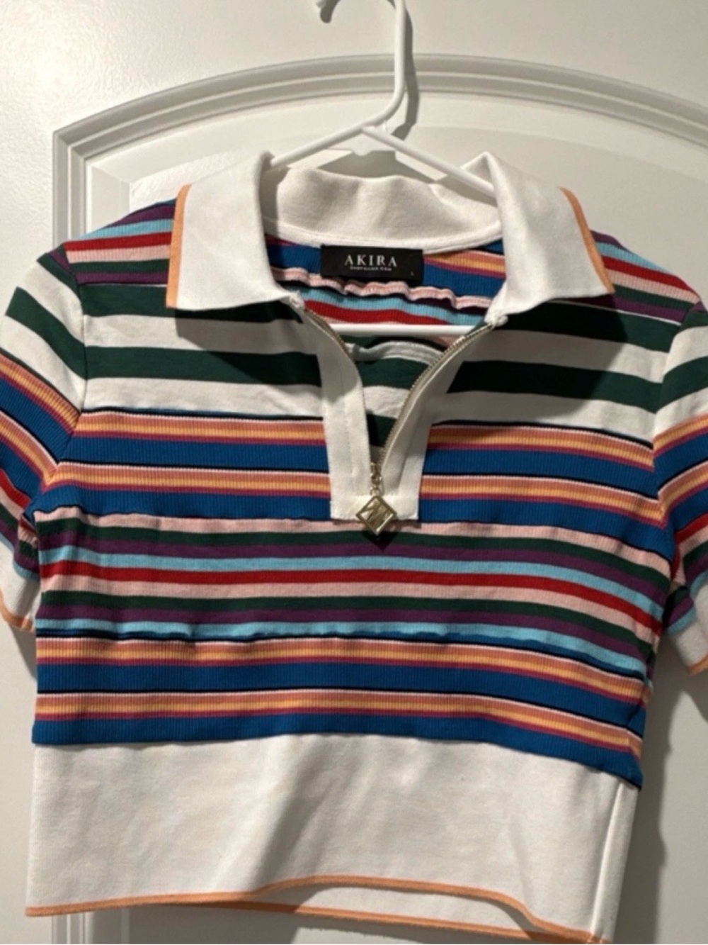 AKIRA Multi-Color Striped Crop Polo with White Collar